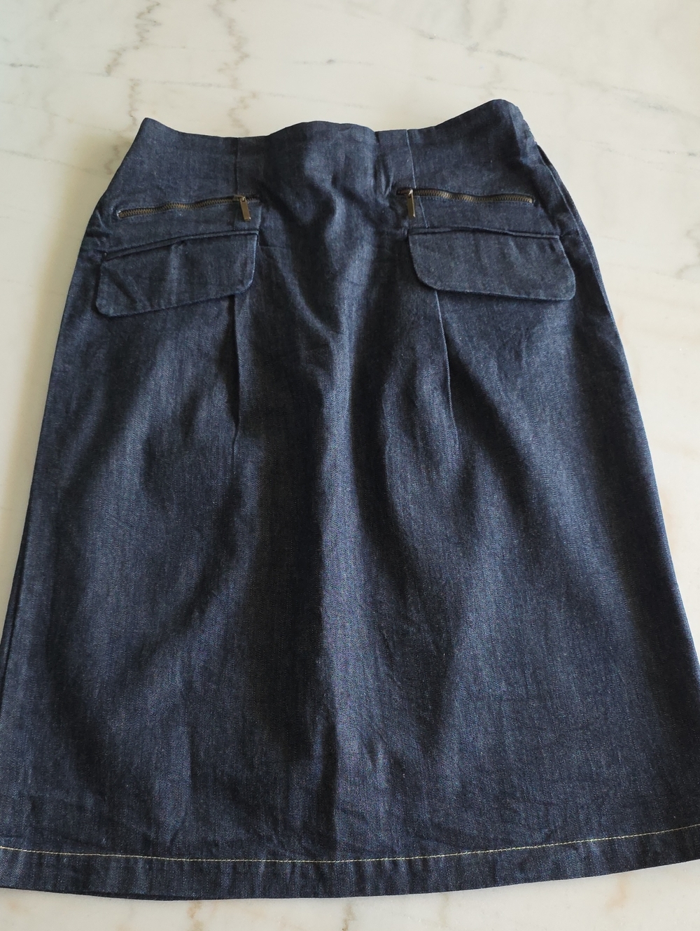 St. John's Bay Dark Blue Denim Midi Skirt with Front Pockets